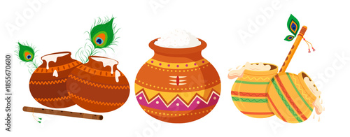 set of pot s with pongal for makar sankranti and white butter with flute for janmastami with traditional indian kolam designs