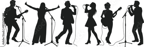 Stage performer silhouette, live music, vocalists and guitarists, black figures, white background, concert energy, expressive pose, microphone art, band scene