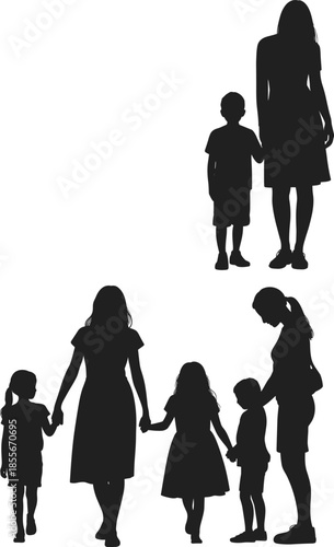 Family silhouettes, adults and children, holding hands, community bonding, generational connection, parenting, togetherness, unity, black figures, social relationships, love, care