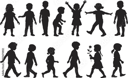 Children silhouettes active poses collection boys girls walking playing standing joyful childhood isolated on white background vector illustration set