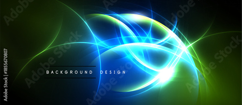 Abstract vibrant energy flows. Blue, green light creates dynamic visual effect. Dark background emphasizes bright curves, lines. Modern design element.