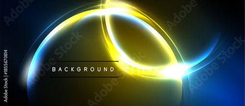 Abstract neon lights form circular shapes. Dark background emphasizes bright yellow, blue glows. Modern design element.