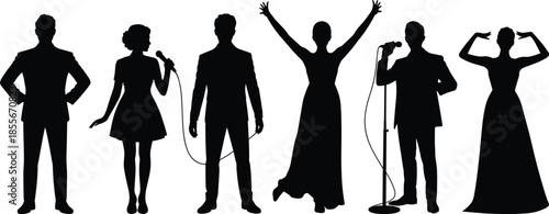 Silhouetted singers, stage performers, microphone pose, formal attire, concert vibe, expressive stance, entertainment art, music illustration, vector people, dramatic posture