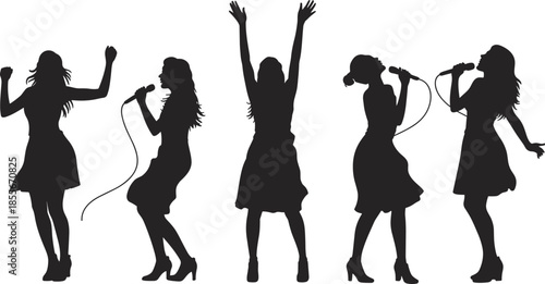 Female singer silhouettes, dynamic performance, microphone poses, expressive motion, concert vibe, black figures, vector art, entertainment illustration