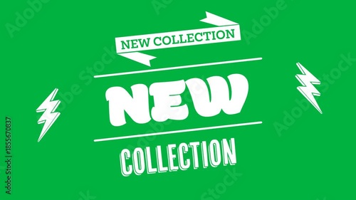 Animation of white text new collection, with lightning bolts, on black background