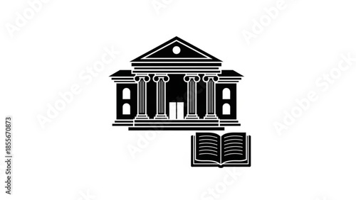 Stylized architectural icon depicting a classical building with columns and an open book, symbolizing education, law, knowledge, and institutional heritage