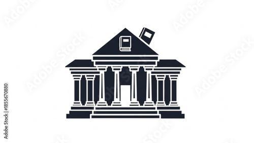 Icon of a classical building with columns and a book on top, symbolizing education, knowledge, and institutions