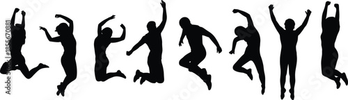 Jumping silhouette figures, expressive motion, joyful poses, celebration energy, black vector art, freedom gesture, minimal design, dynamic leap