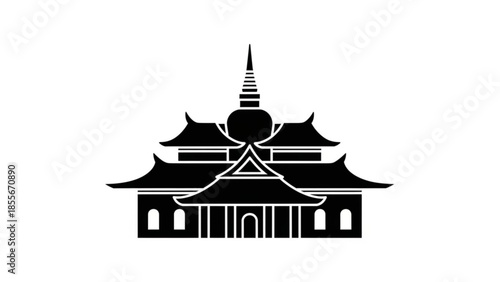 Black and White Traditional Building with Pagoda Silhouette