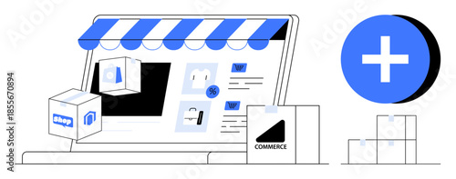 E-commerce concept. E-commerce is reshaping digital retail through product listings and streamlined order management. E-commerce enables growth for online stores. For retail, logistics, web design