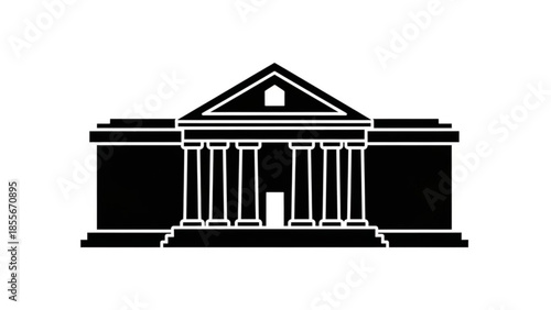 Elegant black and white graphic depicting a majestic classical style building, often associated with museums, courts, libraries, or a public institution