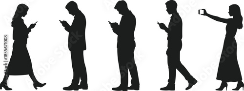 Black silhouette people using smartphones, men and women texting and walking, modern digital lifestyle concept, mobile phone addiction vector illustration design
