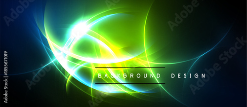 Bright abstract design features glowing curves, vibrant colors. Dark background emphasizes luminous energy, modern aesthetic.