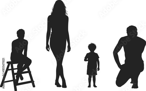 Family silhouette illustration, age diversity, sitting standing kneeling, black figures, vector art, emotional posture, group pose, minimal design