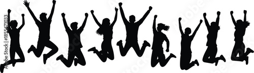 Jumping people silhouettes group celebrating success happiness freedom teamwork energy black icons isolated active lifestyle vector illustration