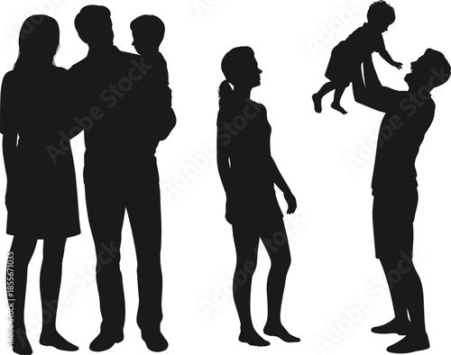 Family silhouettes, parent child pose, caring gesture, emotional bond, vector people, black shapes, nurturing stance, connection art, group interaction, love vibe