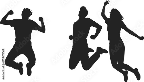 Jumping silhouette trio, expressive motion, celebratory poses, black vector art, dynamic leap, joyful gesture, minimal design, freedom theme