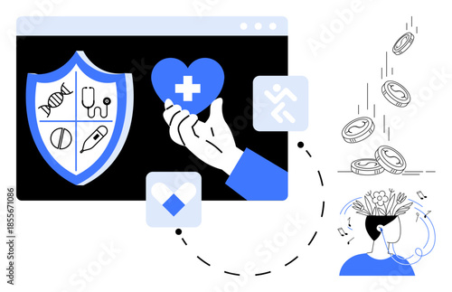 Health insurance, financial planning, mental health, digital healthcare, economic wellness, protection. A shield with medical symbols, a hand holding a heart and falling coins. Health insurance