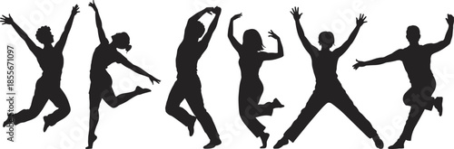 Dance silhouette poses, expressive movement, energetic dancers, body language art, performance illustration, black figures, vector style, artistic motion