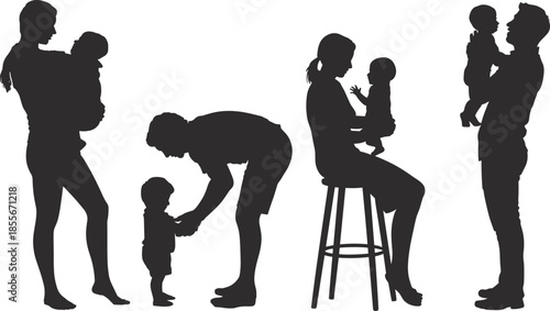 Silhouette, parents, with, babies, and, toddlers, caring, for, children, family, love, motherhood, fatherhood, parenting, support, bonding, lifestyle, people, isolated, illustration