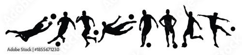 collection of soccer player silhouettes in various action