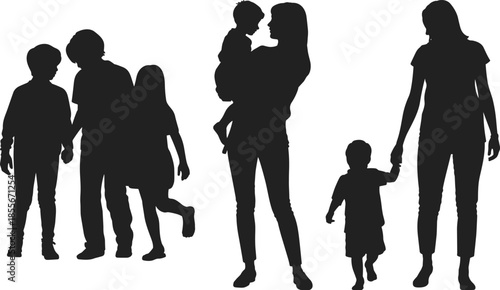 Mother, and, children, silhouettes, walking, together, family, parenting, care, love, bonding, childhood, support, affection, outdoors, unity, happiness, lifestyle, parenthood, concept