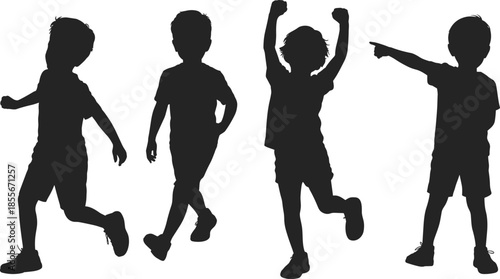 Children silhouette, kids movement, playful poses, dynamic posture, expressive body language, black figures, white background, energetic youth, active lifestyle, visual storytelling