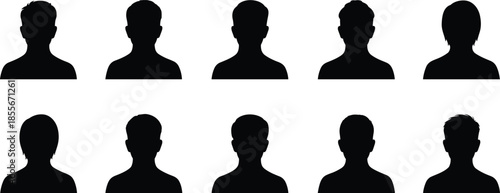 Human profile silhouettes, head shape diversity, hairstyle variation, black vector art, minimal design, identity theme, facial outline study