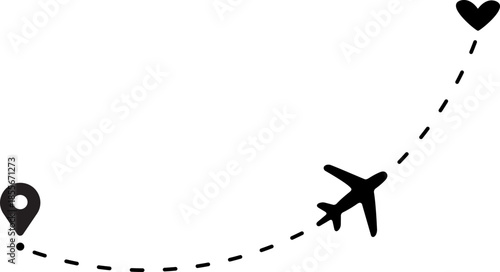 Airplane route with dotted flight path. Airplane with curved dotted flight route. flight path with dotted line, aviation concept, travel background. Airplane line path icon of airplane flight route