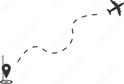 Airplane route with dotted flight path. Airplane with curved dotted flight route. flight path with dotted line, aviation concept, travel background. Airplane line path icon of airplane flight route