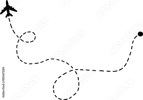 Airplane route with dotted flight path. Airplane with curved dotted flight route. flight path with dotted line, aviation concept, travel background. Airplane line path icon of airplane flight route