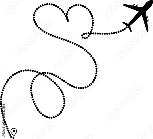 Airplane route with dotted flight path. Airplane with curved dotted flight route. flight path with dotted line, aviation concept, travel background. Airplane line path icon of airplane flight route