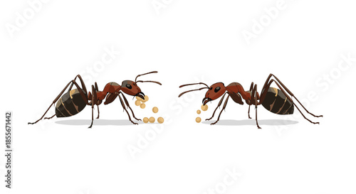 Two ants carrying or interacting with small white food particles or eggs against a clean and simple white background.