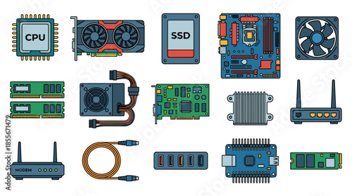 A collection of various computer hardware components, including a CPU, GPU, RAM, SSD, motherboard, power supply, and network devices.