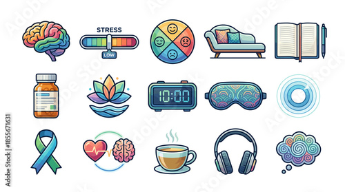 A collection of icons representing mental health, stress, and well-being, including a brain, stress meter, therapy couch, and meditation symbols.