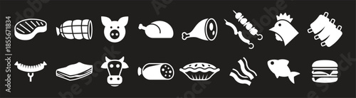 meat icons set white on a black background