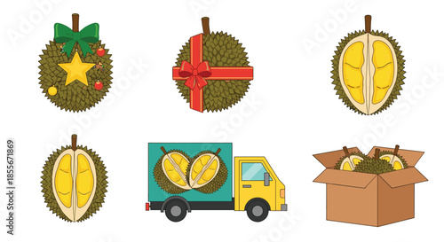 Collection of durian fruit themed icons including gift wrapped fruit, delivery truck, and a crate of fresh produce.