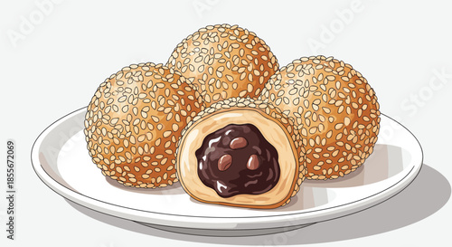 Delicious golden sesame balls filled with red bean paste served on a white plate with one ball cut open.