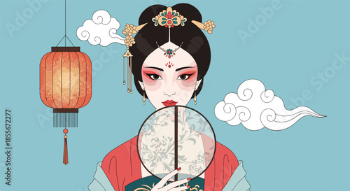 Elegant chinese woman in traditional costume holding a fan while surrounded by a lantern and stylized white clouds.