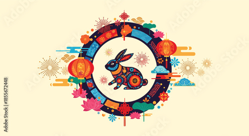 Decorative illustration for chinese new year of the rabbit featuring traditional patterns, lanterns, and floral motifs.