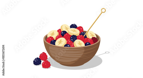 Wooden bowl filled with fresh mixed berries like raspberries and blueberries along with slices of ripe banana.