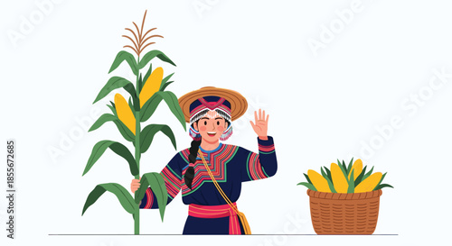 Woman dressed in traditional hill tribe clothing standing next to tall corn plants and a basket of harvested corn.