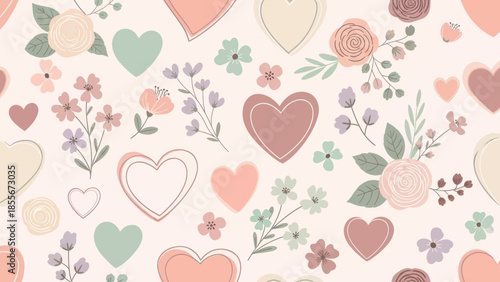 Charming pastel hearts and floral pattern, evoking love and tenderness