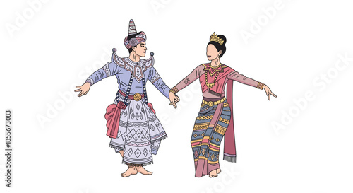 Couple performing a traditional southeast asian dance while wearing beautiful colorful costumes on a plain background.