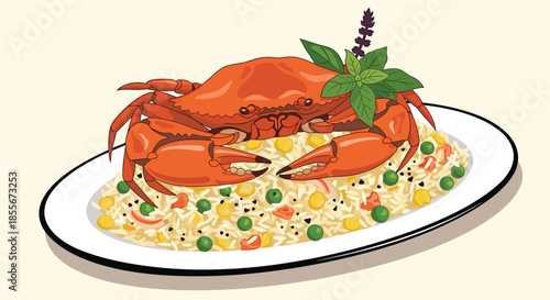 Delicious cooked red crab served as a main dish on a large plate of vegetable fried rice with peas and corn.