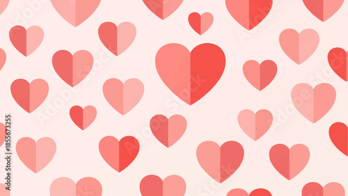 A soft, romantic pattern of varying shades of pink and red hearts on a subtle textured background.