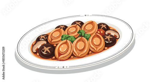 Gourmet seafood dish of braised abalone and shiitake mushrooms served on an elegant white platter with green garnishes.