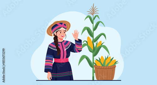 Smiling woman in traditional ethnic costume waving next to a corn plant and a basket full of harvested golden corn.