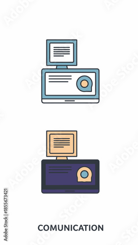 Computer communication technology illustration with screen and digital display