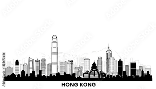 A detailed black and white illustration of the Hong Kong skyline, showcasing its iconic skyscrapers and urban landscape.